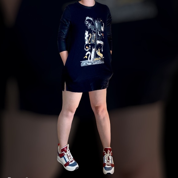 Miss Nikky Cat Artwork Tunic, Long Shirt, Mini Dress. Faux Leather 3/4 Sleeves - Picture 5 of 16